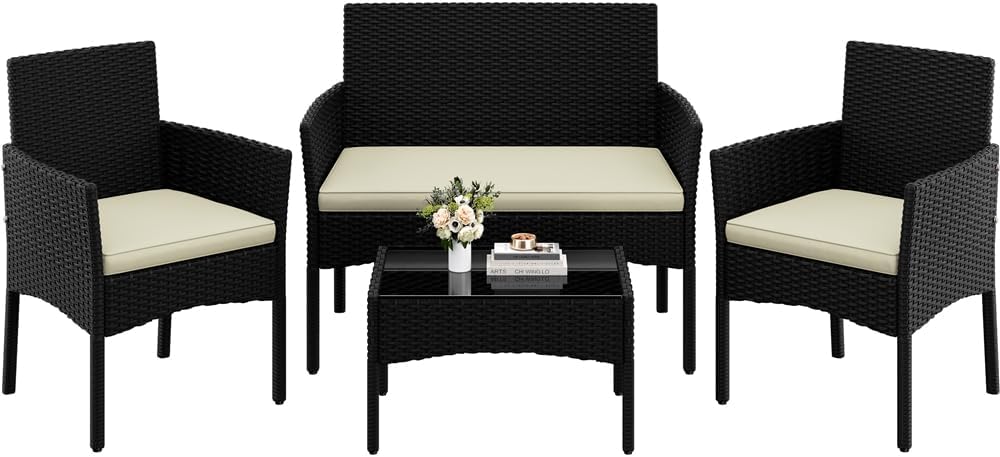 Yaheetech Salon de Jardin 4 Personnes en Polyrotin et Métal Ensemble Mobilier d'extérieur 4 Pièces avec Coussin Canapé 2 Places 2 Fauteuils 1 Table