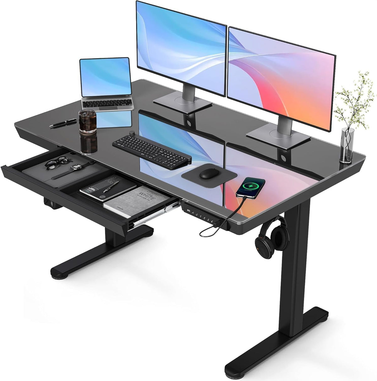 Claiks Bureau réglable en Hauteur avec Plateau en Verre Monobloc 120 x 60 cm, Bureau Debout électrique, avec tiroir