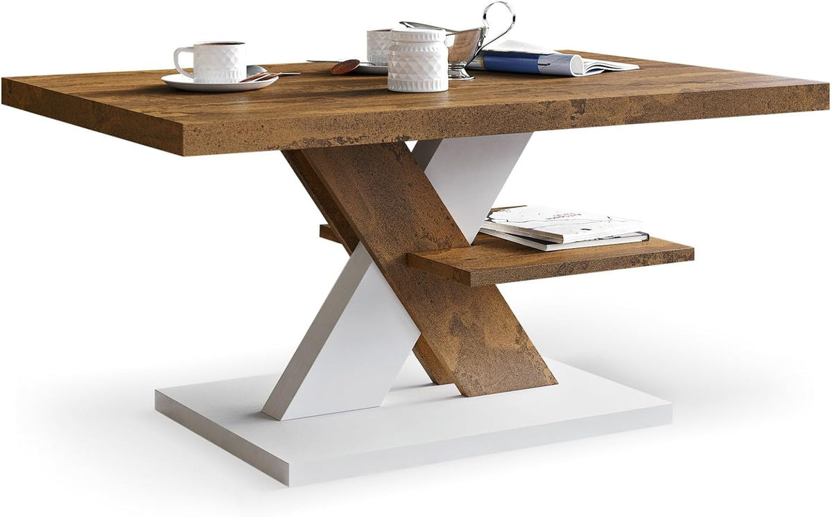 Viosimc Table Basse de Salon Rouillé & Blanc avec Étagère, Table Centrale Moderne et Élégante pour Café et Thé. Design Epuré
