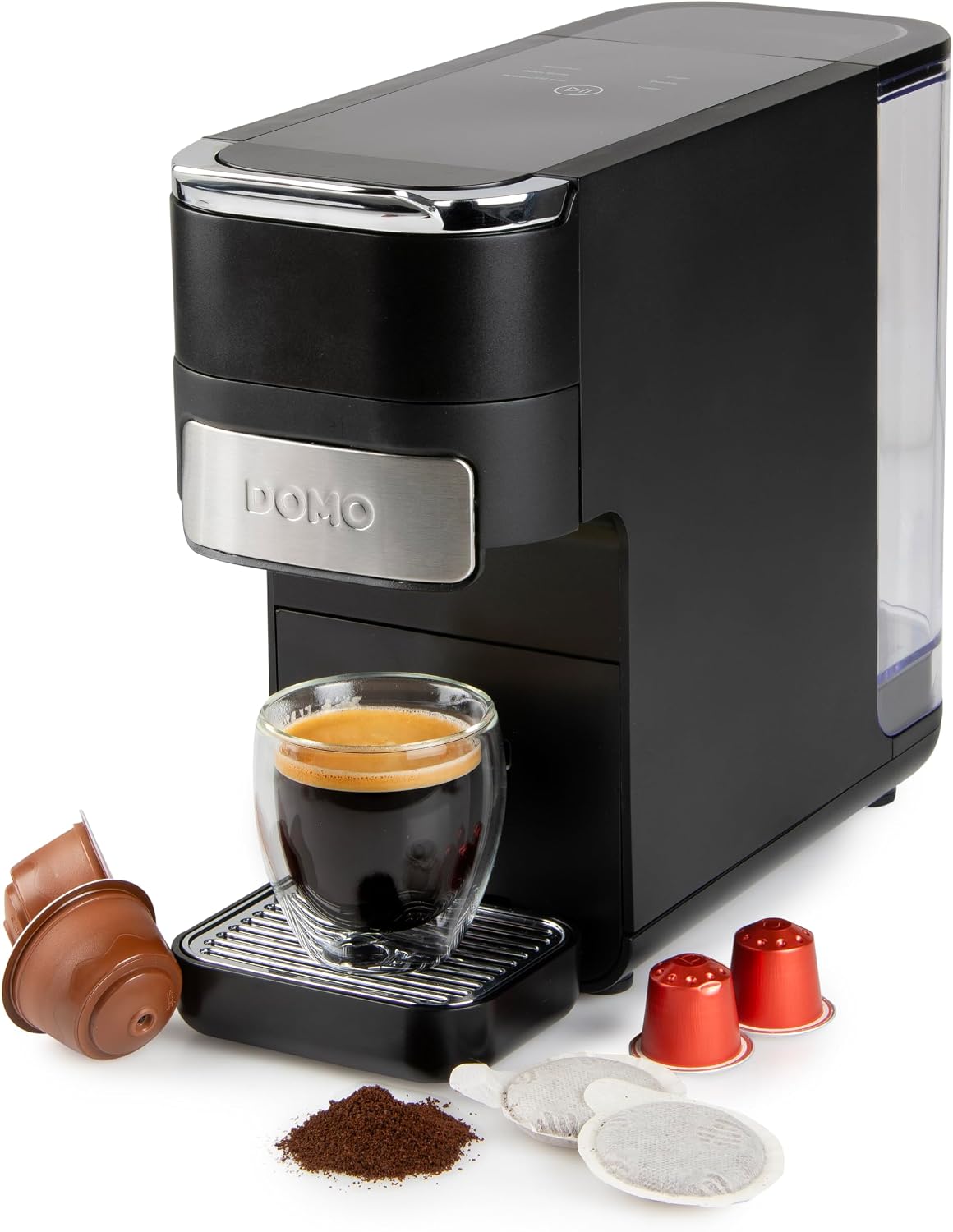 DOMO DO748K My Easy Coffee 4-in-1, Machine à café en capsules 4 en 1 pour NES/DG/café moulu/capsules ESE, Cafetière à capsules 1,5L