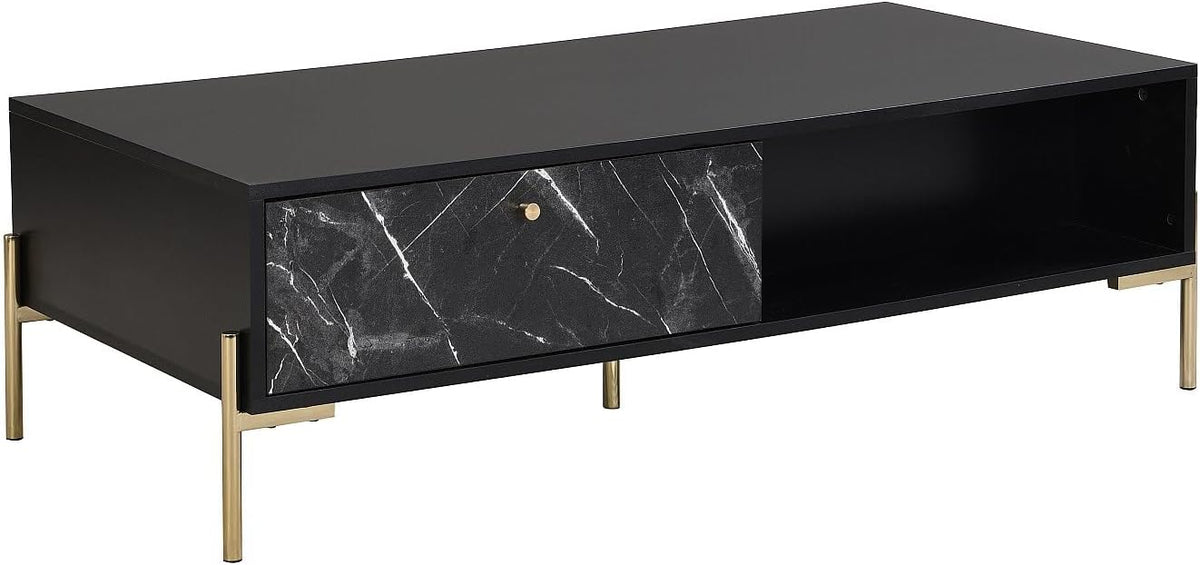 PASCAL MORABITO - Table Basse avec 2 tiroirs et 2 niches en MDF et métal - Effet marbre Noir et Doré - CIEMILA de