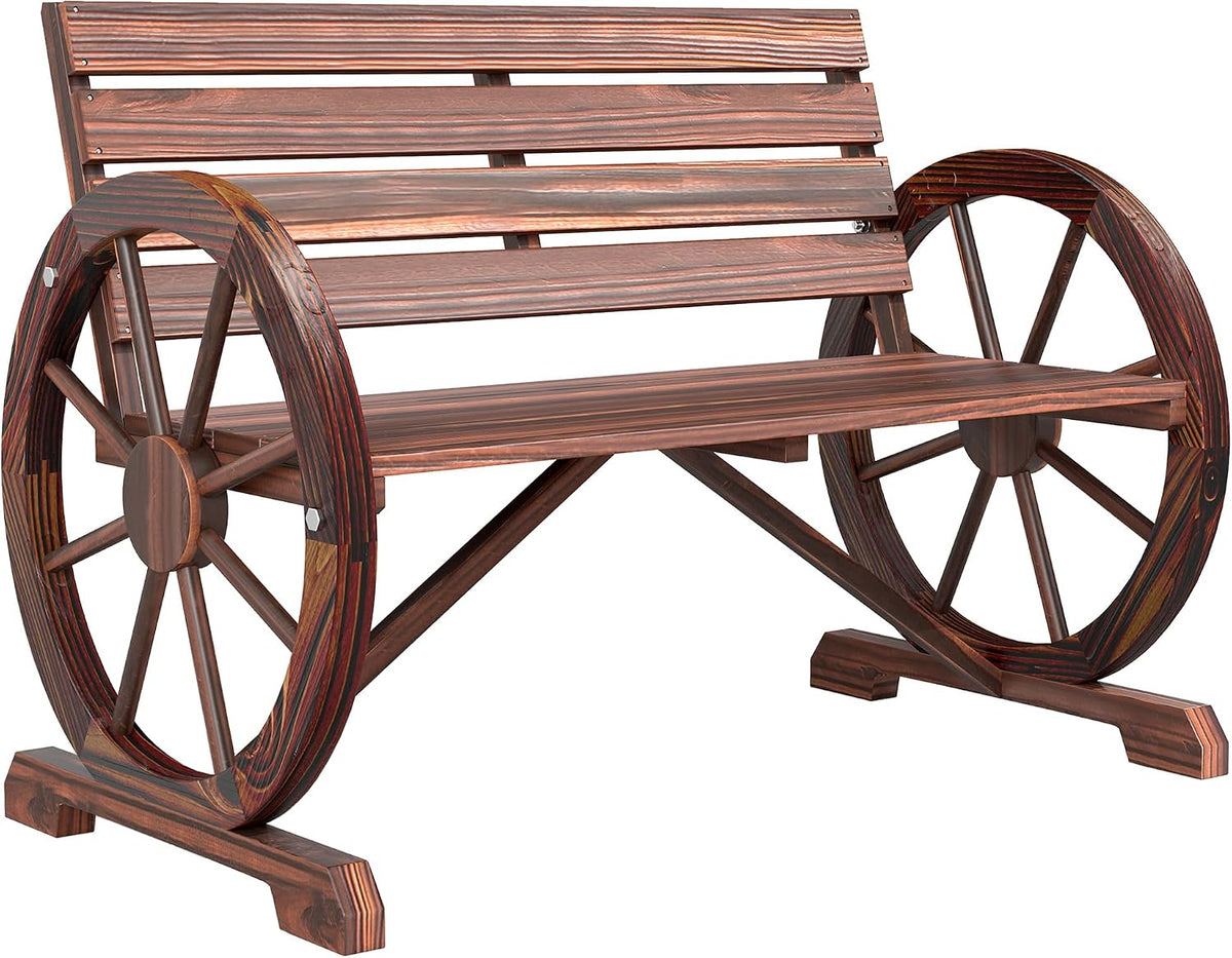 Outsunny Banc de Jardin Banc 3 Places Banc en Bois Style Rustique Chic accoudoirs Roues Charette Bois Sapin traité carbonisation