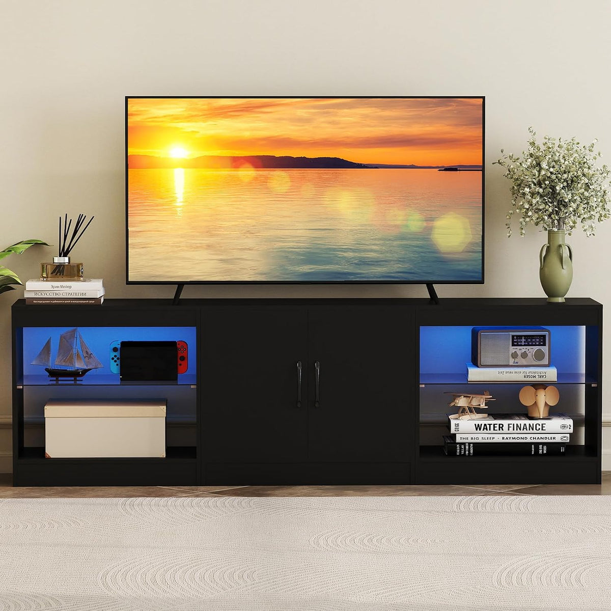 GIANTEX Meuble TV 3 PCS Modulaire, Banc TV 85 Pouces avec Lumières LED, Étagères de Rangement en Verre Réglables, Meuble Tele Moderne pour Chambre
