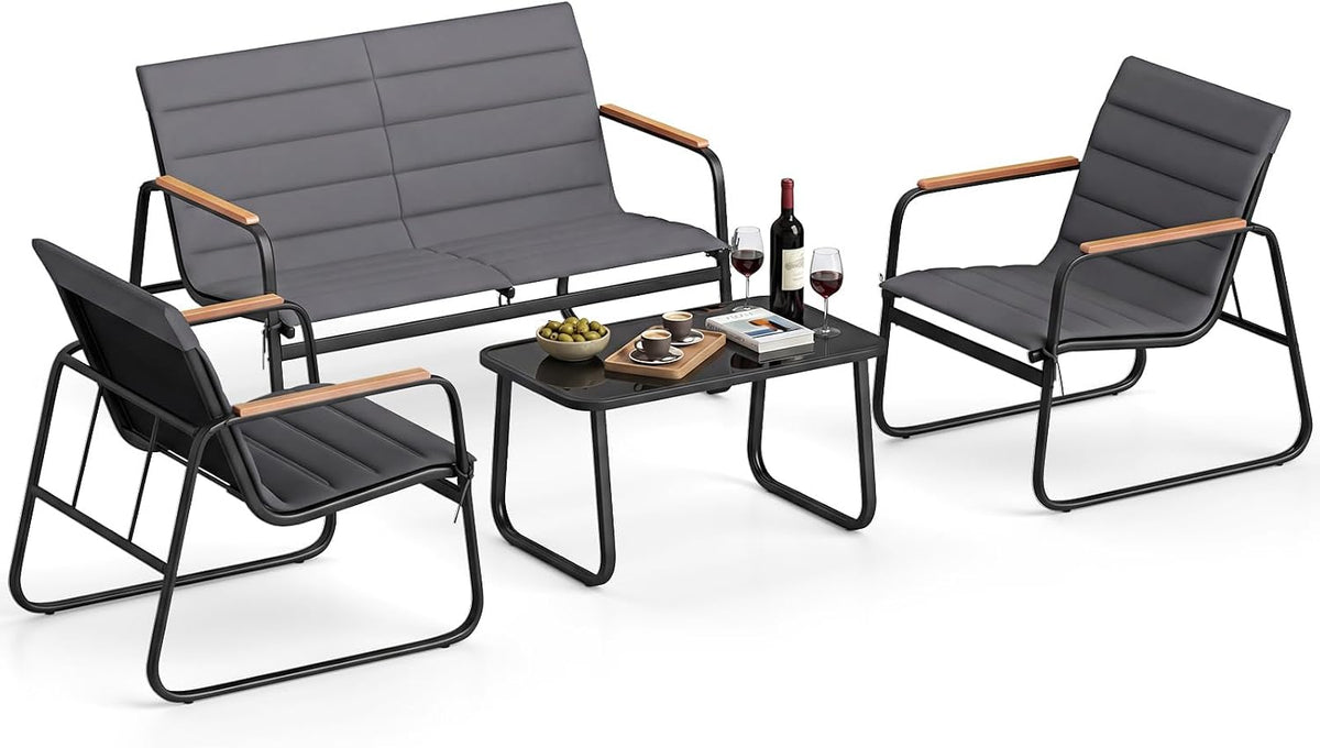 COSTWAY Ensemble de Mobilier d'Extérieur 4 Pièces, Salon de Jardin avec Coussins et Table Basse en Verre Trempé