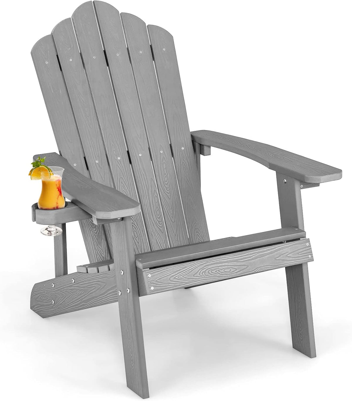 COSTWAY Fauteuil de Jardin Adirondack en HIPS Grain de Bois Réaliste, Chaise d'Extérieur Imperméable avec Porte-Gobelet Charge 170KG