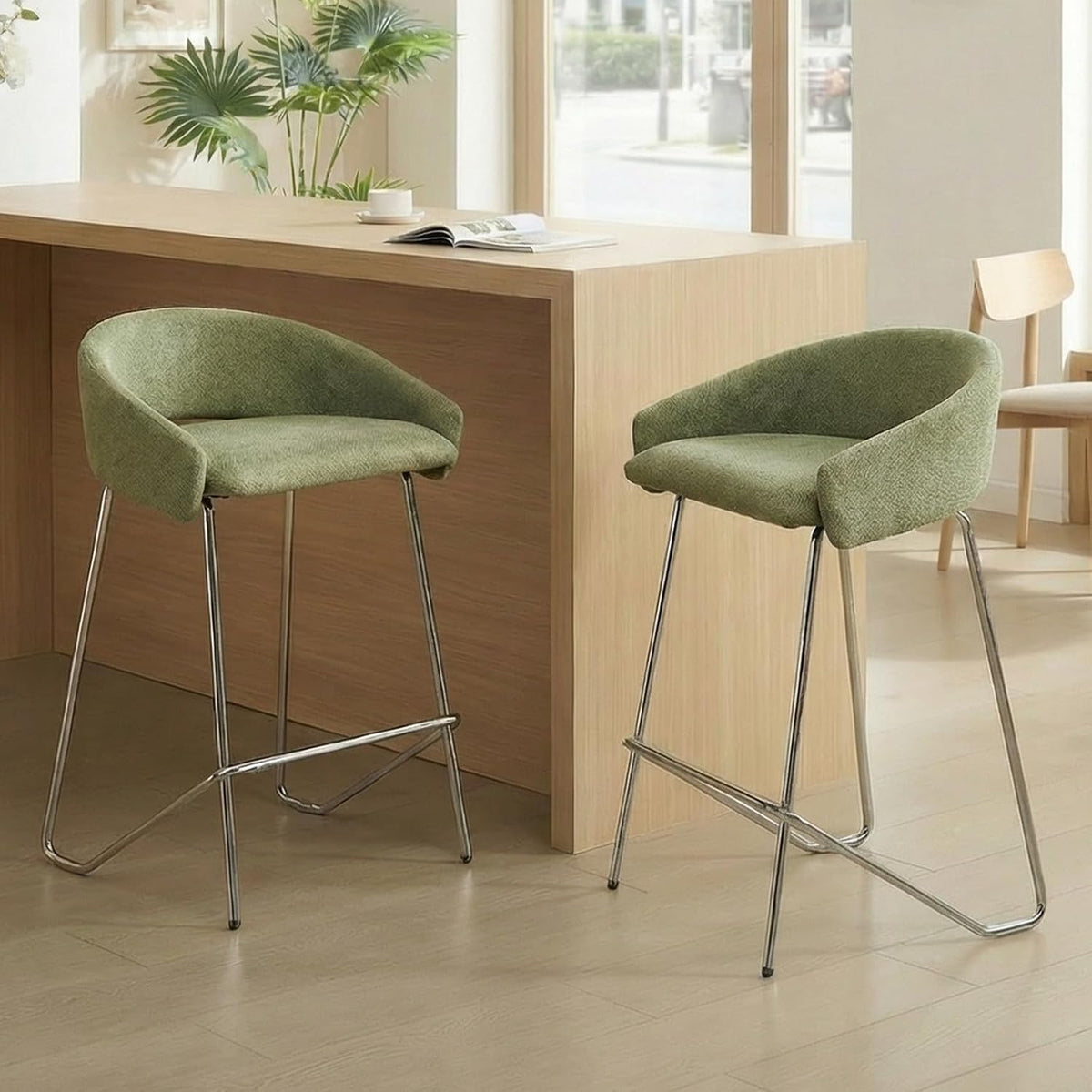 chairus Lot de 2 Tabourets de Bar Moderne, Chaises Bar Cuisine en Chenille et Métal, Tabouret Haut pour Ilot Central, Vert-2