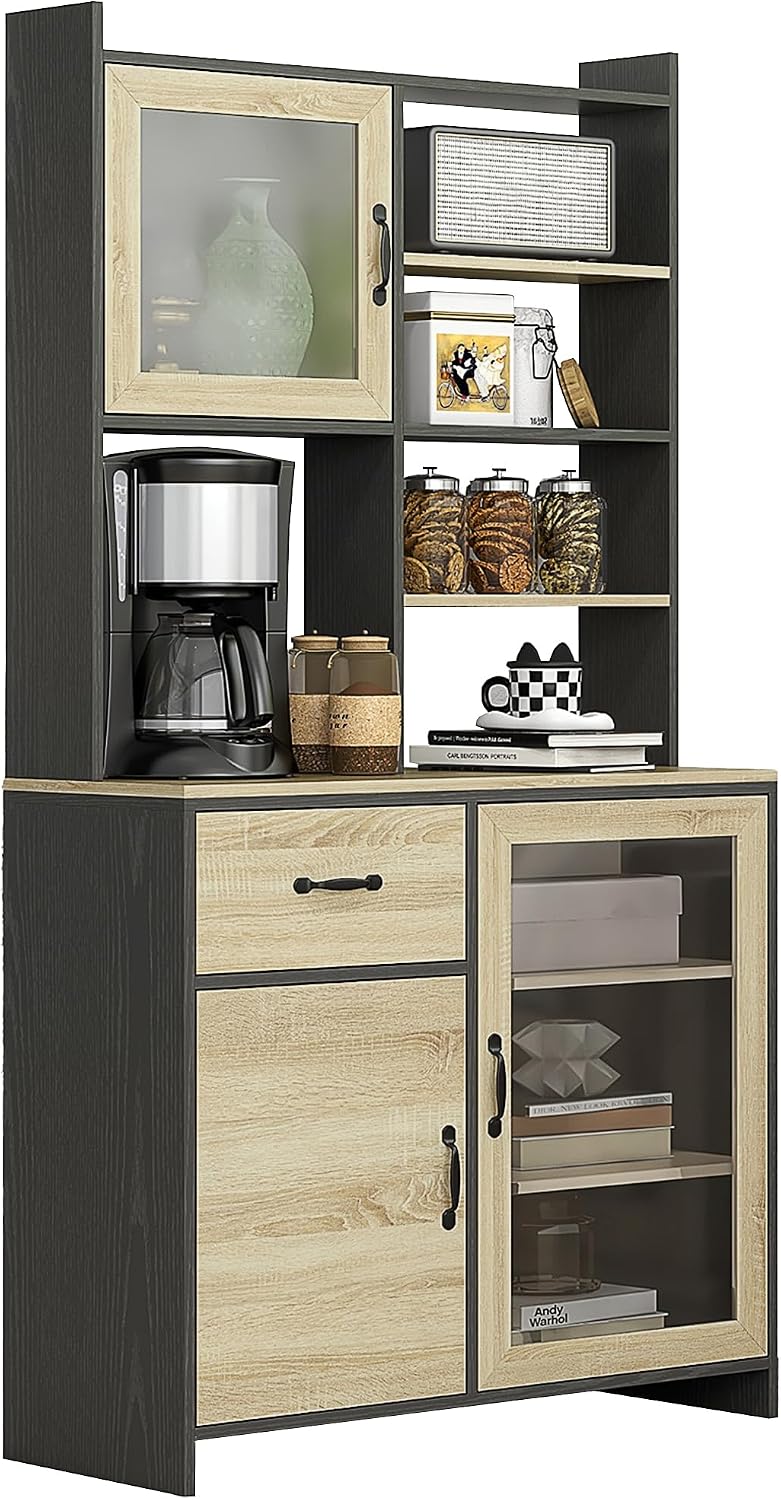HOMCOM Armoire de Cuisine Buffet Cuisine Meuble de Rangement avec 1 tiroir 3 placards étagères 2 Portes vitrées - 90 x 39 x 177 cm Noir Naturel