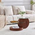 Table Basse Ronde 2 Plateaux en Verre trempé, Table Basse Moderne Effet Bois Noyer, Structure en MDF, Coffee Table pour Salon et Appartement