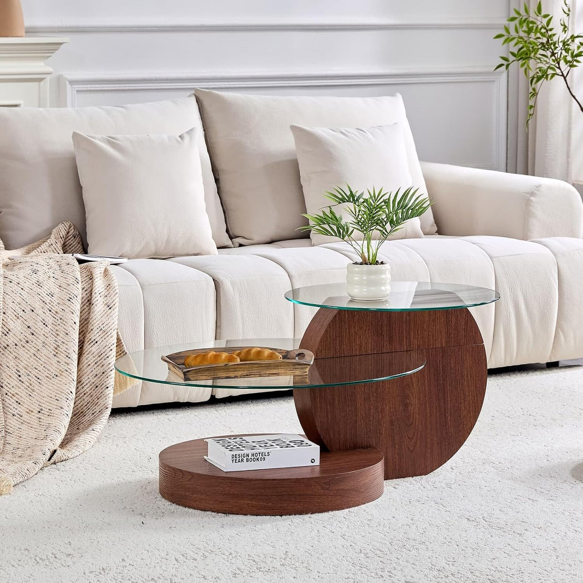 Table Basse Ronde 2 Plateaux en Verre trempé, Table Basse Moderne Effet Bois Noyer, Structure en MDF, Coffee Table pour Salon et Appartement