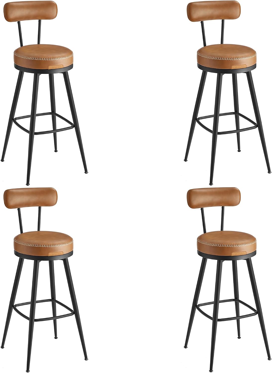 VASAGLE EKHO Collection - Tabouret de Bar Pivotant à 360°, Lot de 4, pour Cuisine, Rembourré, Dossier, PU avec Coutures, Style Moderne Mi-siècle
