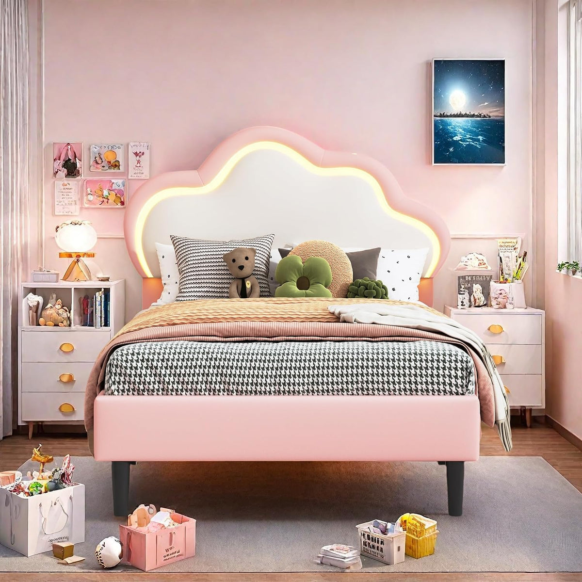 Lit Enfant 90x200 cm, LIt Princesse avec LED Tête de lit Réglable en Forme de Couronne, Lit Enfant Rembourré pour Fille Adolescent