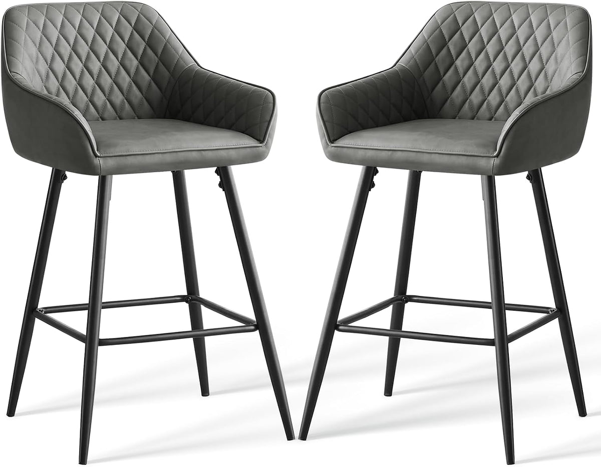 Lot 2 Tabourets de Bar Gris, Chaises de Salon, Chaises de Bar, Siège en Similicuir avec Dossier, Accoudoir et Repose-Pieds Métallique pour Bistrots