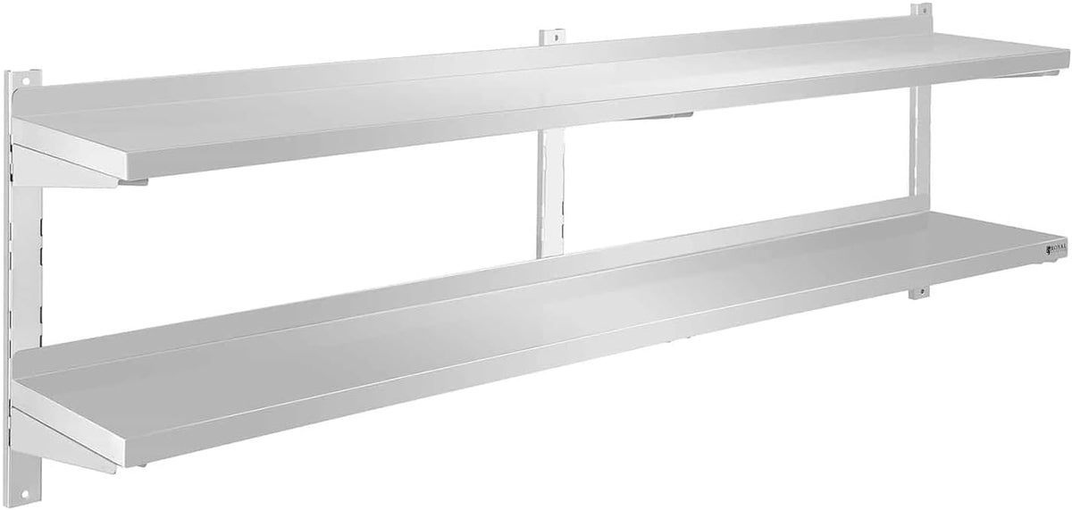 Royal Catering Étagère Murale Rangement Cuisine 2 plateaux RCWR-180.2 (180 cm de long, éléments pour montage mural, design moderne, inox)