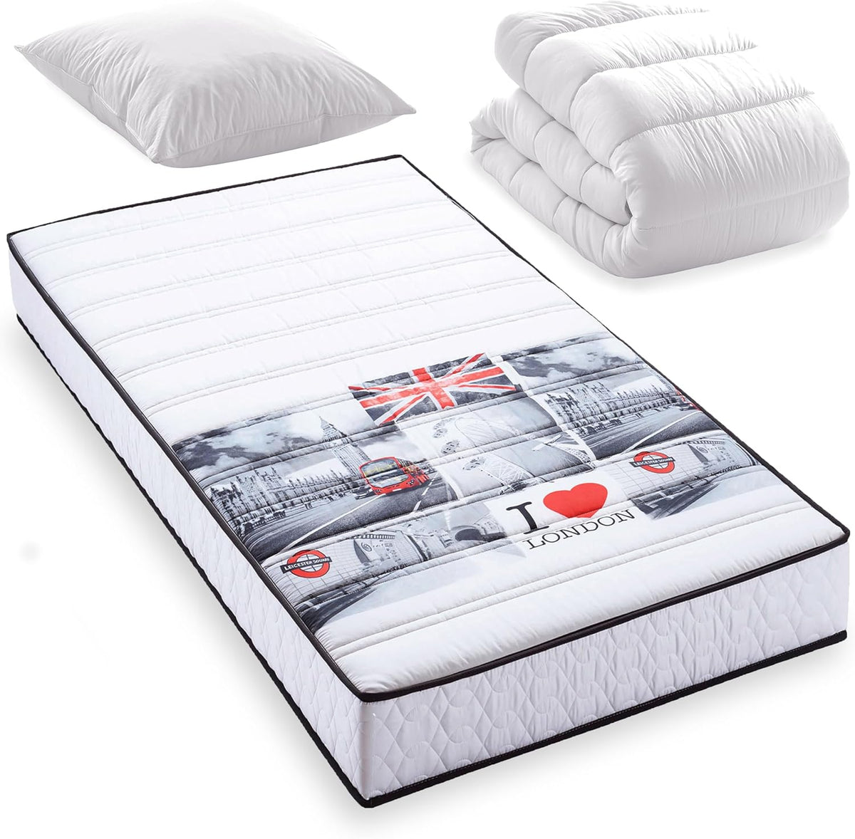 BLUE MOON Pack Bridge Matelas Mousse London 90x190 + 1 Couette + 1 Oreiller. Mousse profilée 5 Zones de Confort. Épaisseur 15cm, Fabriqué en Belgique