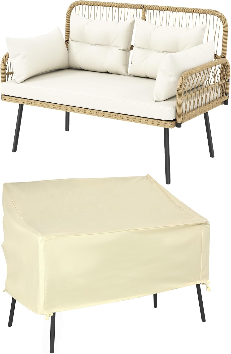 Outsunny Canapé de Jardin avec Housse de Protection, Coussins et oreillers 2 Places en résine tressée, canapé d'extérieur avec accoudoirs