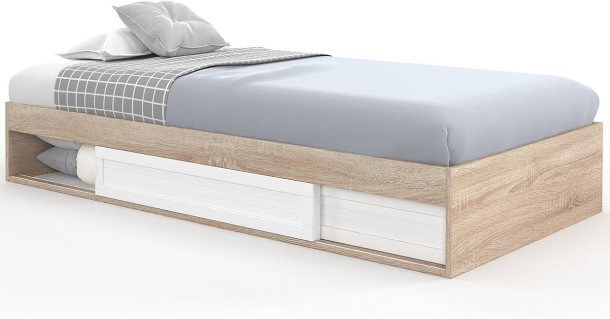 IDMarket - Cadre de lit Simple Salem avec Rangement et sommier 90 x 190 CM façon hêtre et Blanc