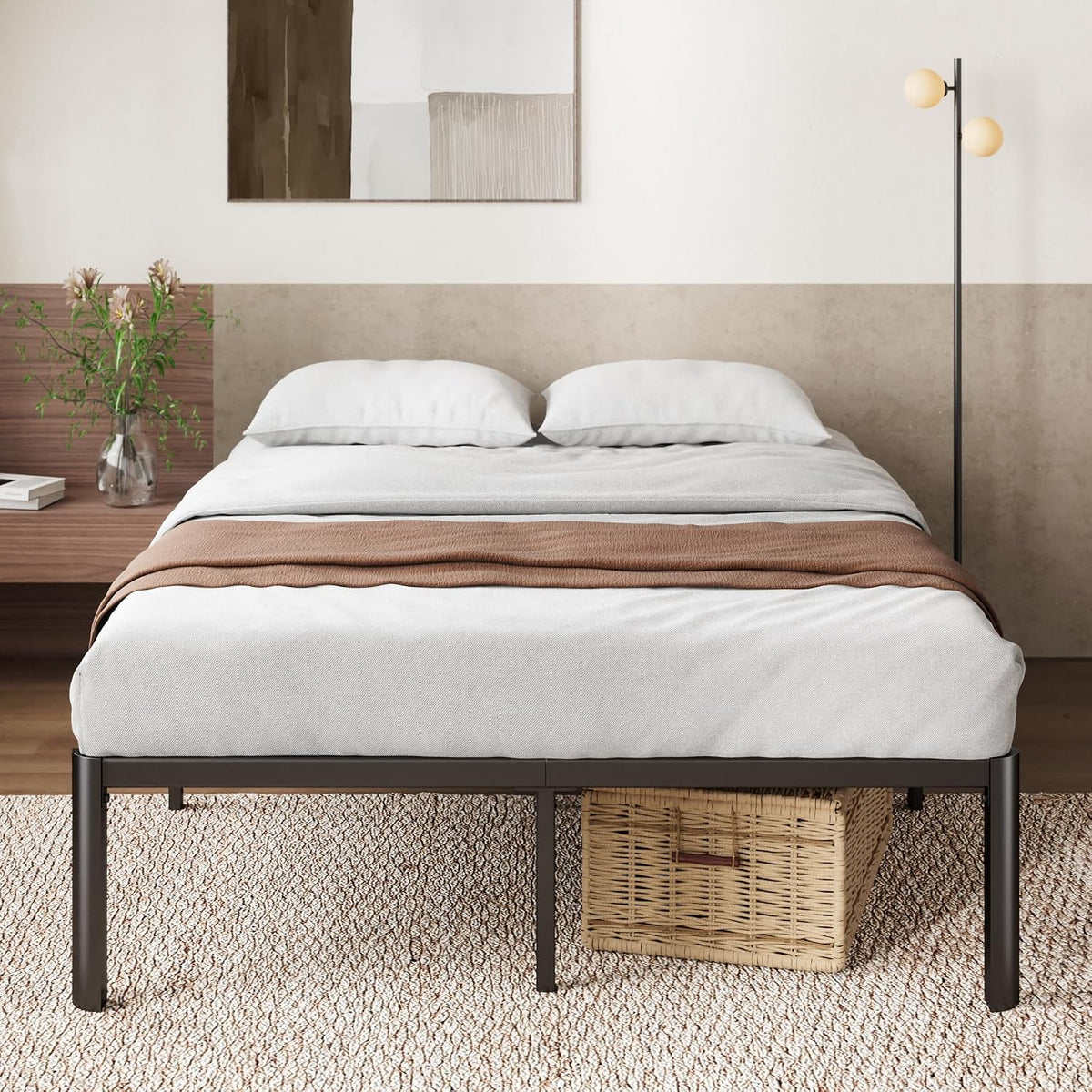 Zinus Van Sommier 160x200 cm avec Lattes en Métal - Cadre de Lit Double en Acier Robuste - Hauteur 41 cm pour Rangement - Montage Facile - Noir