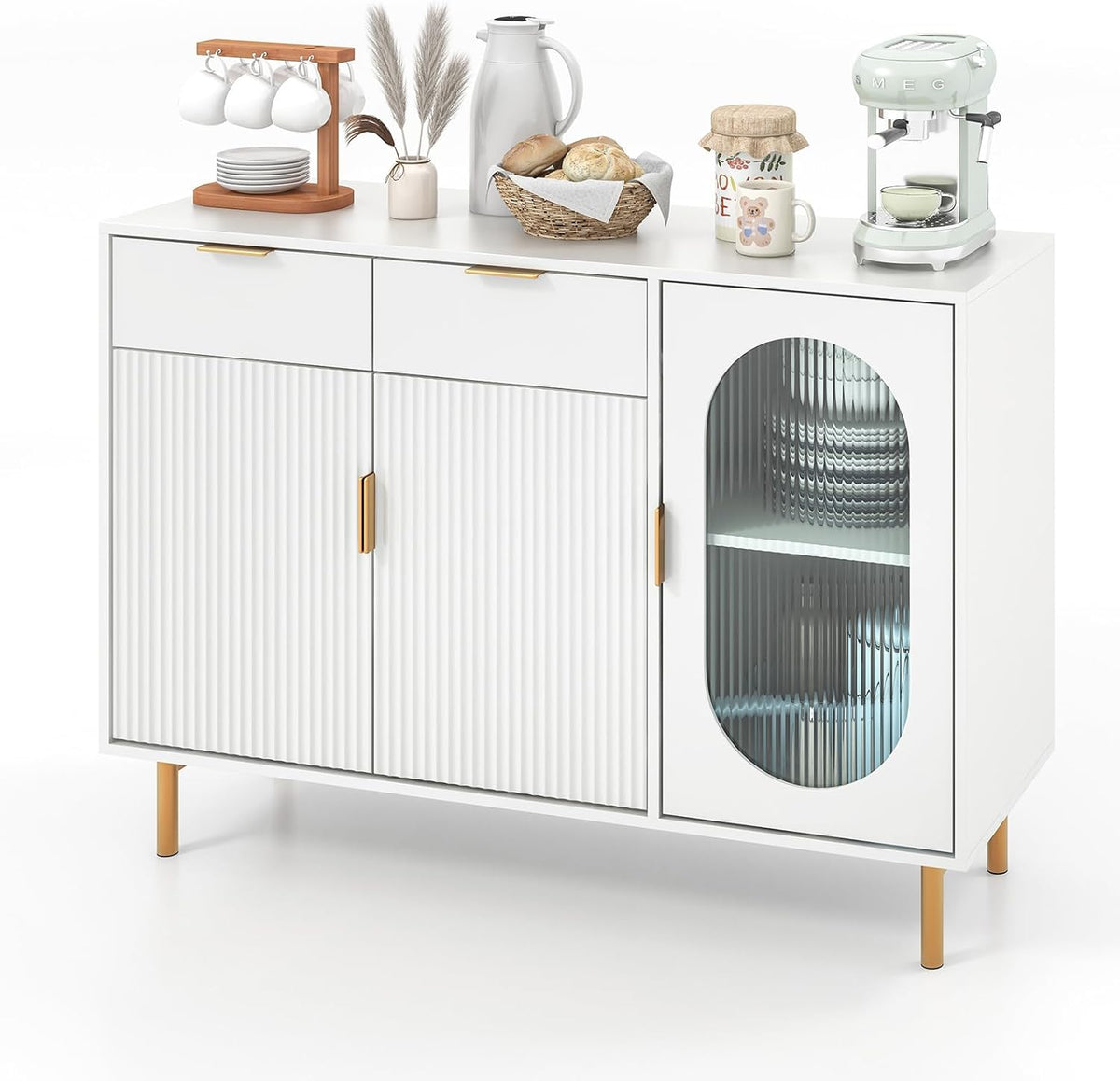 GOPLUS Buffet de Cuisine à 2 Tiroirs et 3 Portes, Armoire de Rangement Style Moderne et Minimaliste avec Dispositif Anti-basculement pour Salon