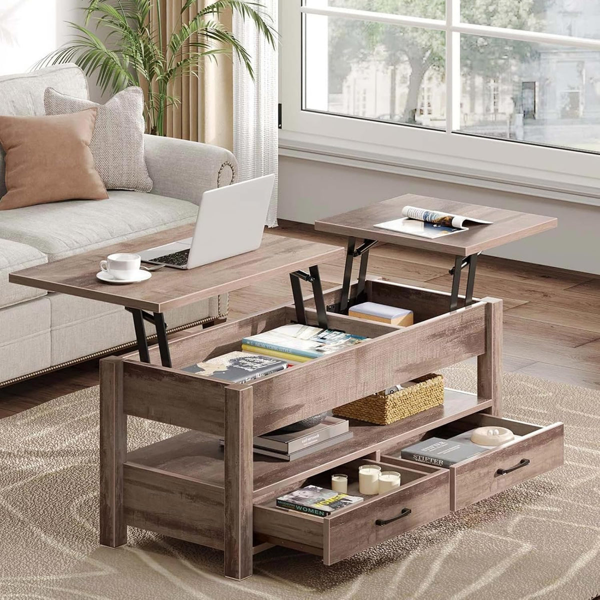 Rolanstar Table Basse en Bois avec Plateau Relevable, Table de Salon avec 2 Tiroirs, Grand Rangement Caché et Compartiment Ouvert