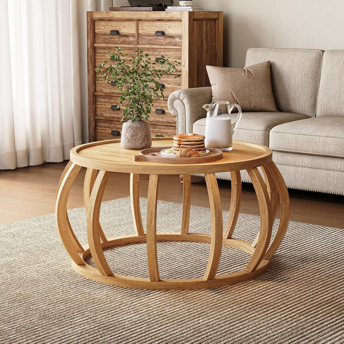 Table Basse Ronde, Table Basse Bois Massif 80 cm, Table Centrale avec Base Incurvée pour Salon, Chambre, Style Ferme, Naturel