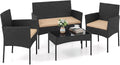 COSTWAY Ensemble Salon de Jardin 4 Pièces en Résine, Mobilier d'Extérieur avec 2 Fauteuils Canapé 2 Places Table Basse Plateau en Verre Trempé