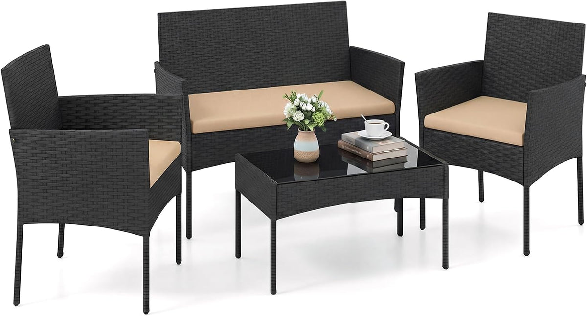 COSTWAY Ensemble Salon de Jardin 4 Pièces en Résine, Mobilier d'Extérieur avec 2 Fauteuils Canapé 2 Places Table Basse Plateau en Verre Trempé