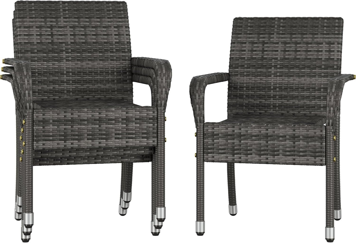 Lot de 4 Chaises de Jardin en Rotin Synthétique Fauteuils Empilables d'Extérieur avec Accoudoirs Cadre en Métal Terrasse Véranda Balcon Salon Salle à
