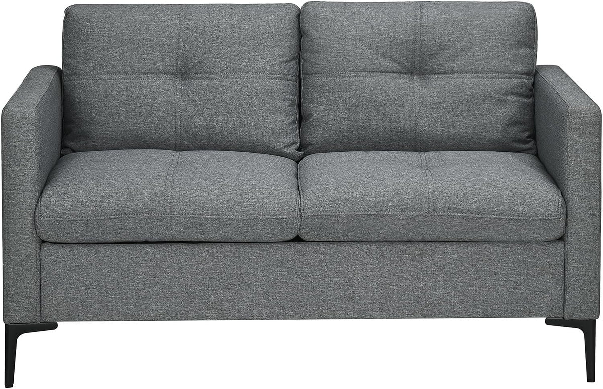 HOMCOM Canapé 2 Places 133 cm Style Contemporain avec 4 Coussins piètement Acier Noir revêtement Tissu Aspect Lin Gris foncé