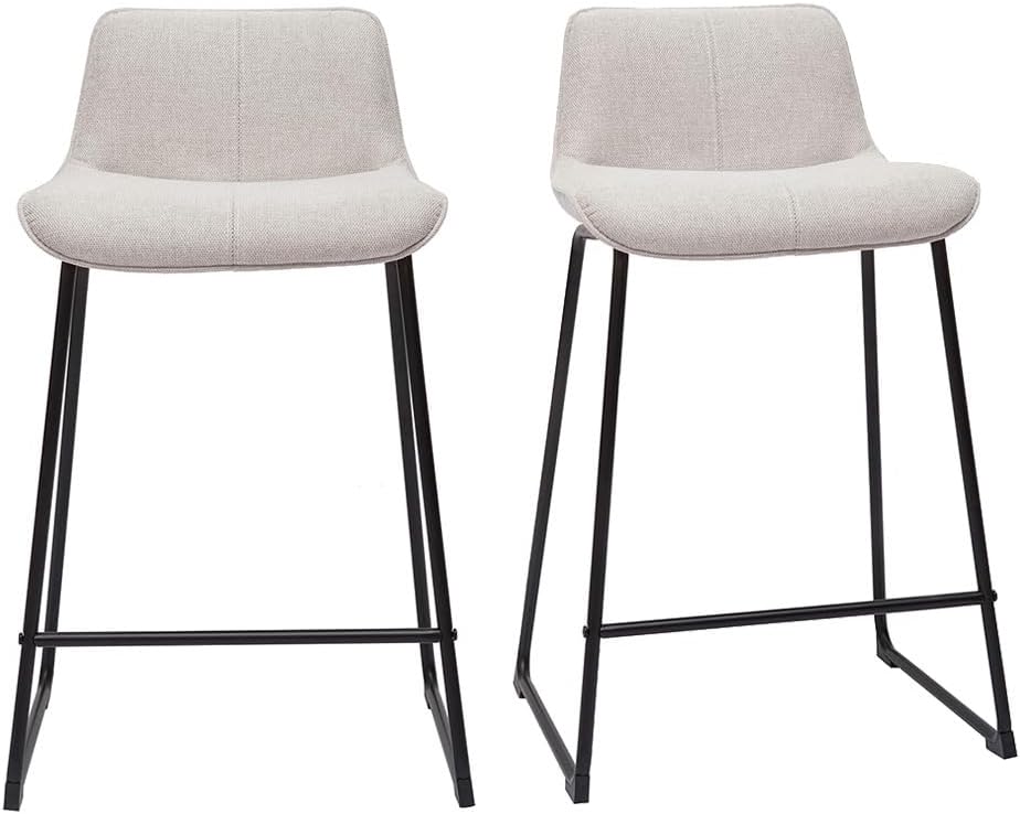 Miliboo Tabourets de Bar en Tissu Effet Velours texturé Beige et métal H65 cm (Lot de 2) Boost