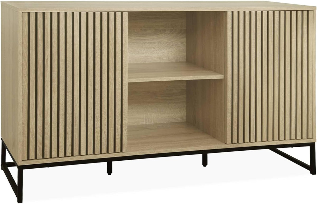 sweeek - Buffet Style Contemporain avec 2 Portes Effet Bois rainuré Ouverture par Pression. Buffet Bas. piètement en métal Noir L140cm