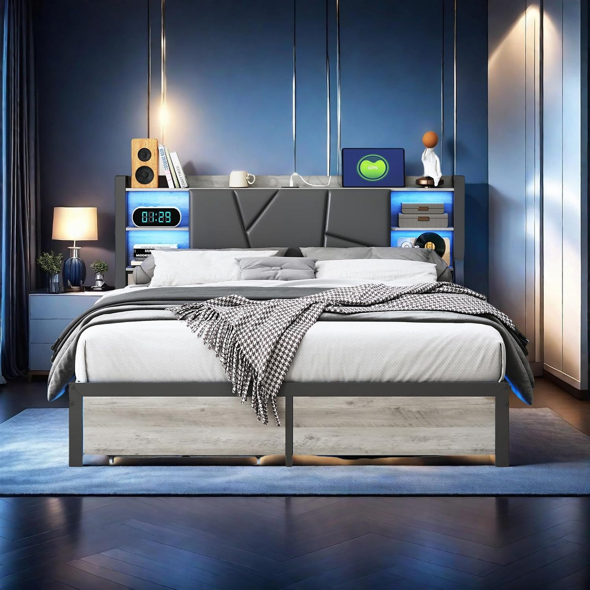 Lit double capitonné 140 x 200 cm avec éclairage LED, lit en métal, tête de lit en cuir synthétique avec port USB et espace de rangement