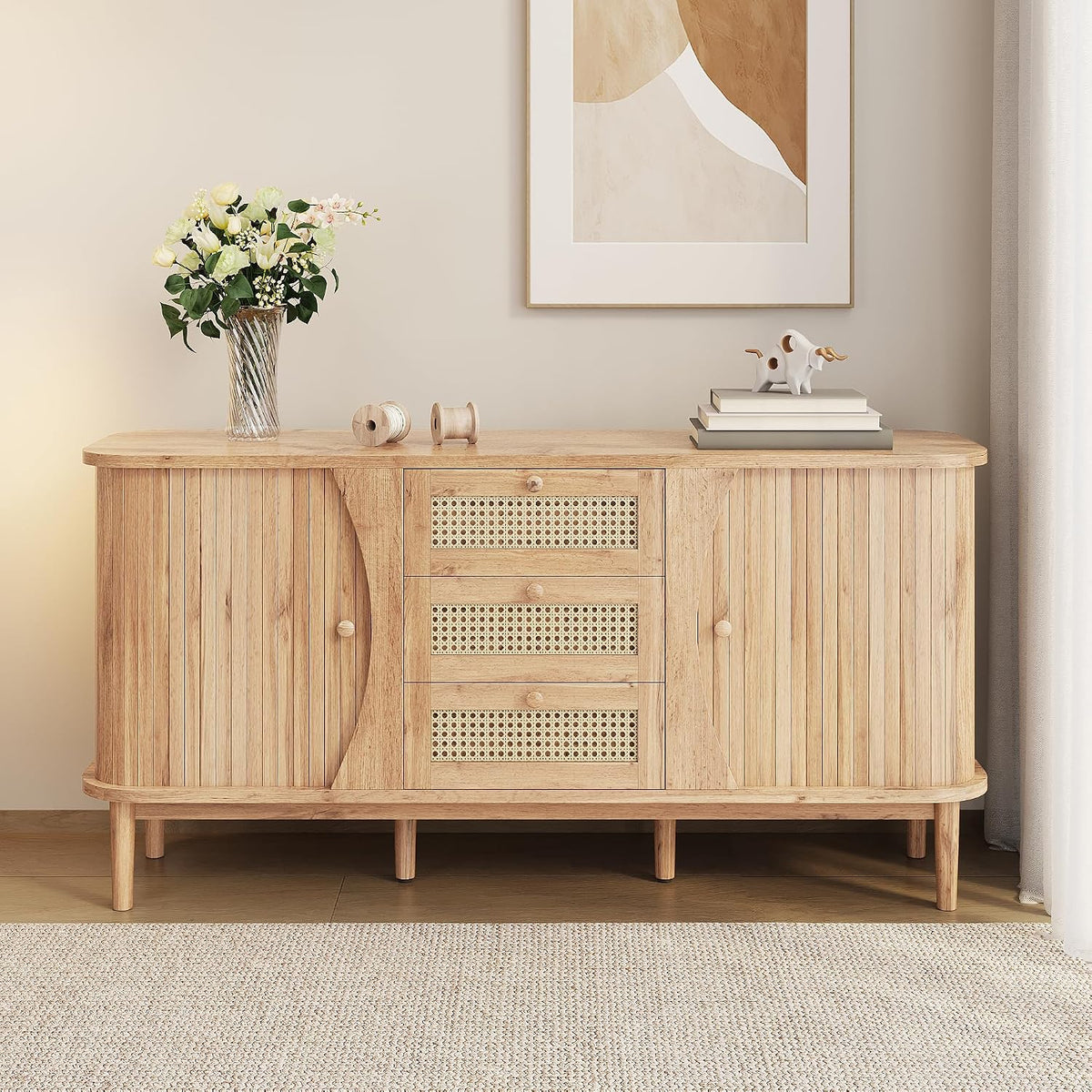 Buffet avec portes coulissantes, 140,5 x 40 x 76 cm, en rotin, avec étagères réglables et plateau arrondi, commode à vaisselle, meuble debout (bois)