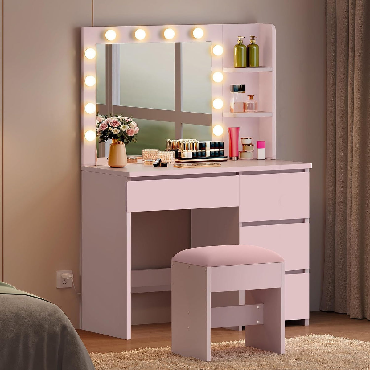 YITAHOME Schminktisch mit Beleuchtung, Dressing Table mit Spiegel Schminktische mit Hocker 3 Farben mit Einstellbarer Helligkeit
