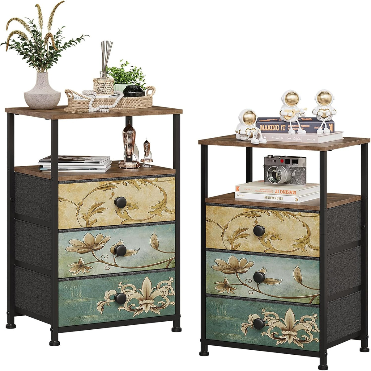 VEDECASA Lot de 2 commodes à 3 tiroirs et étagère ouverte Armoire commode Coiffeuse bohémienne Armoire de rangement Table de chevet Table d'appoint