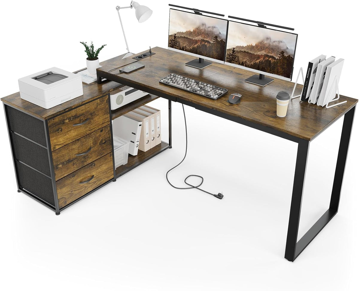 Bureau avec 3 tiroirs, 140 x 105 x 75 cm, Bureau d'angle avec étagères, réversible en Forme de L avec 2 Ports de Charge USB et 2 Prises de Courant