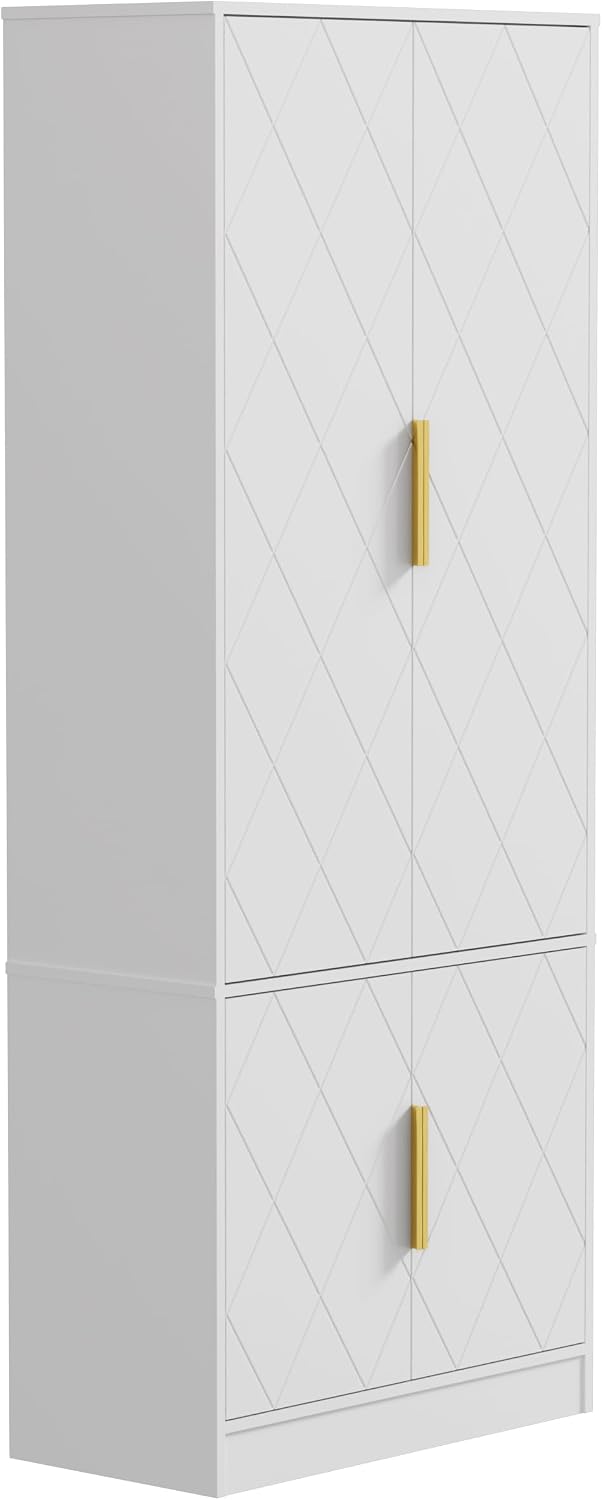 UEV Buffet Salle à Manger Haute 150 cm, Vaisselier Cuisine Haute à 4 Portes, 5 Étagères Réglables, Motif en Ligne, Manche Doré, pour Cuisine, Chambre