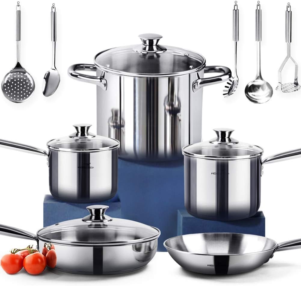 HOMICHEF Batterie de cuisine en acier inoxydable sans nickel 14 pièces - marmites et poêles sans nickel