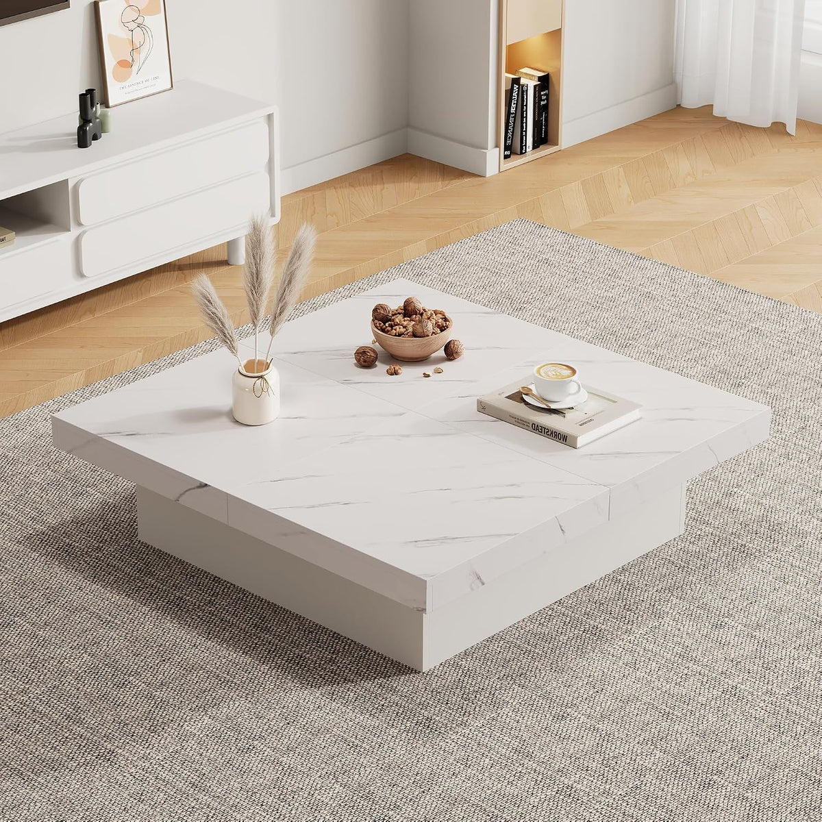 Table Basse - Table Basse carrée Effet marbre avec 4 tiroirs et Plateau Coulissant, Design Moderne en Panneau de Particules, Blanc, 90x90x25 cm