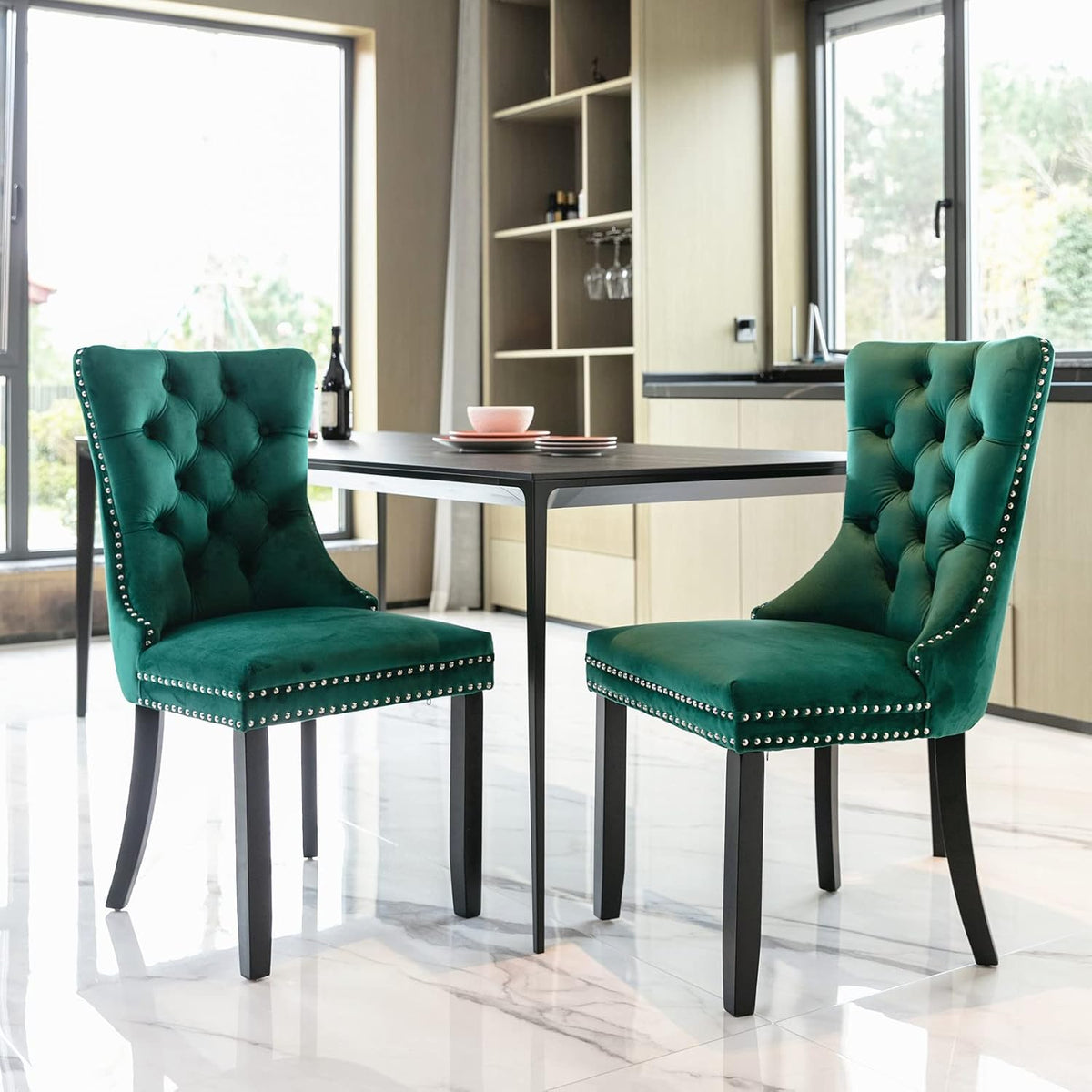 Lot de 2 Chaises de Salle à Manger, Chaise Salle a Manger Haut Dos en Velours, Chaise à Manger Rembourrée Douce avec Jambes en Bois
