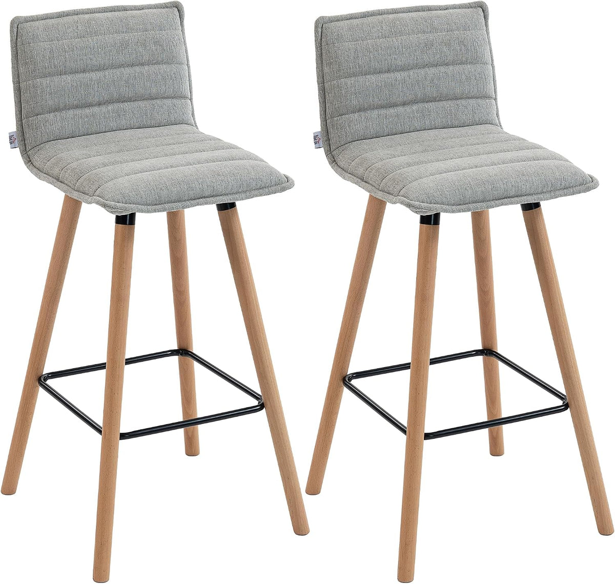 HOMCOM Lot de 2 tabourets de Bar, chaises de Bar, Assise rembourrée 76,5H cm, Dossier et Repose-Pieds, Pieds en Bois de hêtre, Tissu Aspect Lin