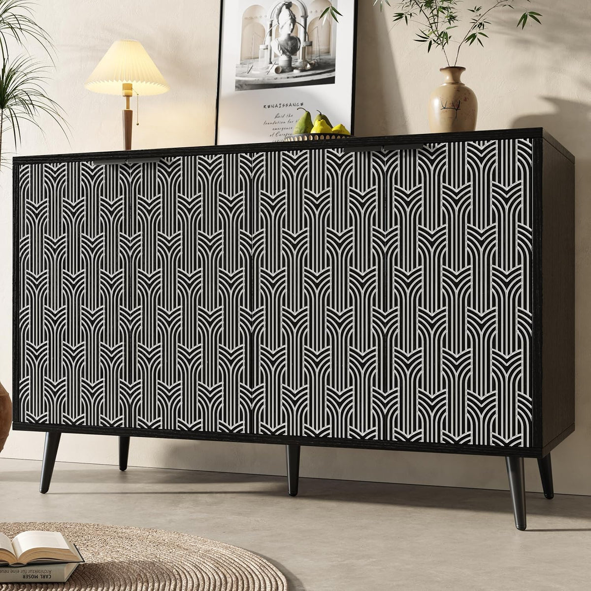 Merax Buffet de 120 cm de large avec 4 portes, étagères réglables, porte sculptée, pieds en métal, protection anti-basculement pour salle à manger