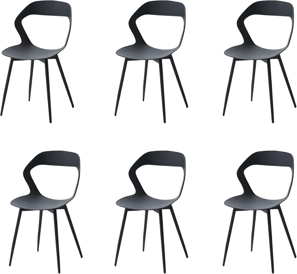 GrandCA HOME Lot de 6 Chaises de Salle à Manger, Chaise Scandinave, Design Creux Sculpté avec Dossier, Pieds en Métal Robuste Noir, Noir