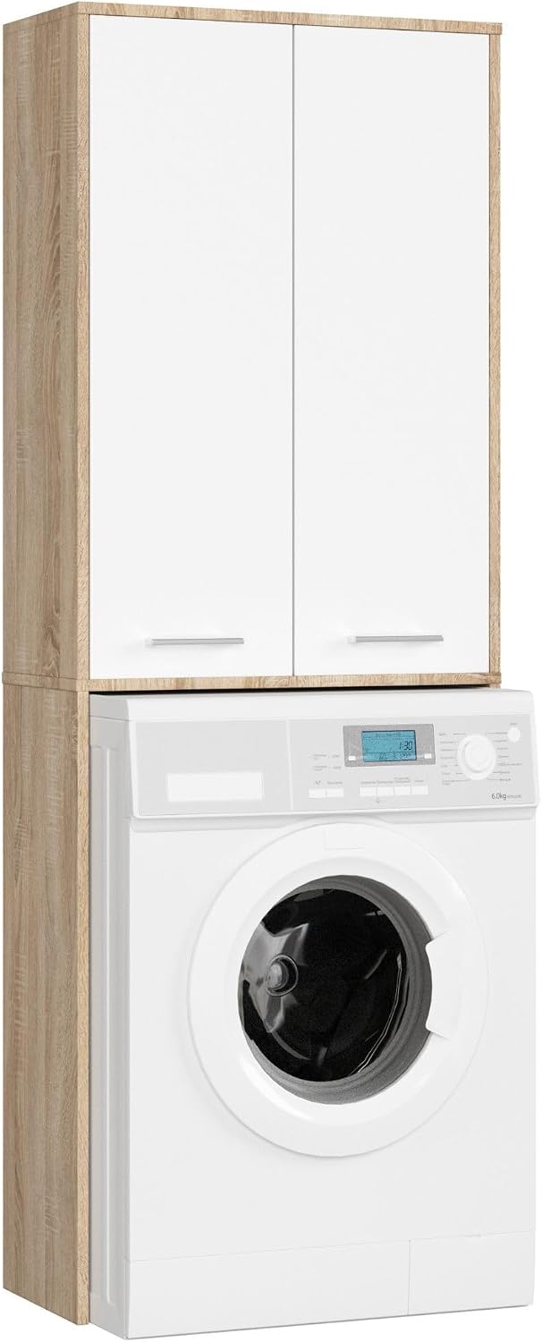 AKORD Meuble Buanderie Machine à Laver Fin 180, L64 x H180 x P30 cm, Meuble pour Lave Linge avec 4 Étagères 2 Portes de Rangement