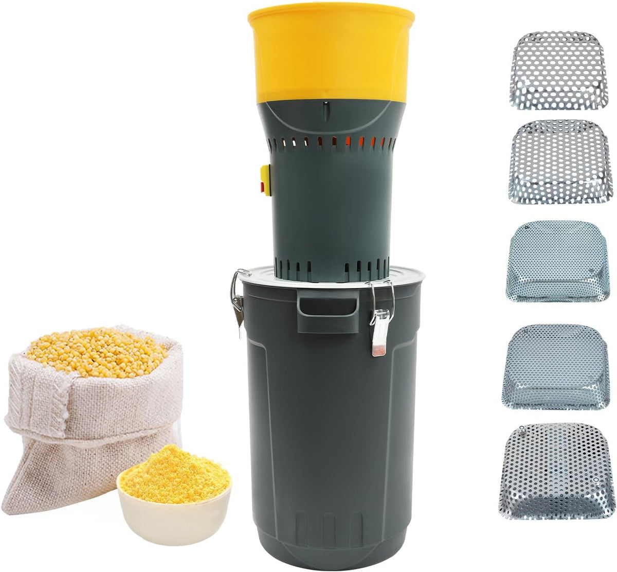 Moulin à Céréales Électrique 1300W, Moulin à Grains avec 5 Tamis, Moulin à Maïs Blé Riz Soja, Poignée de Transport