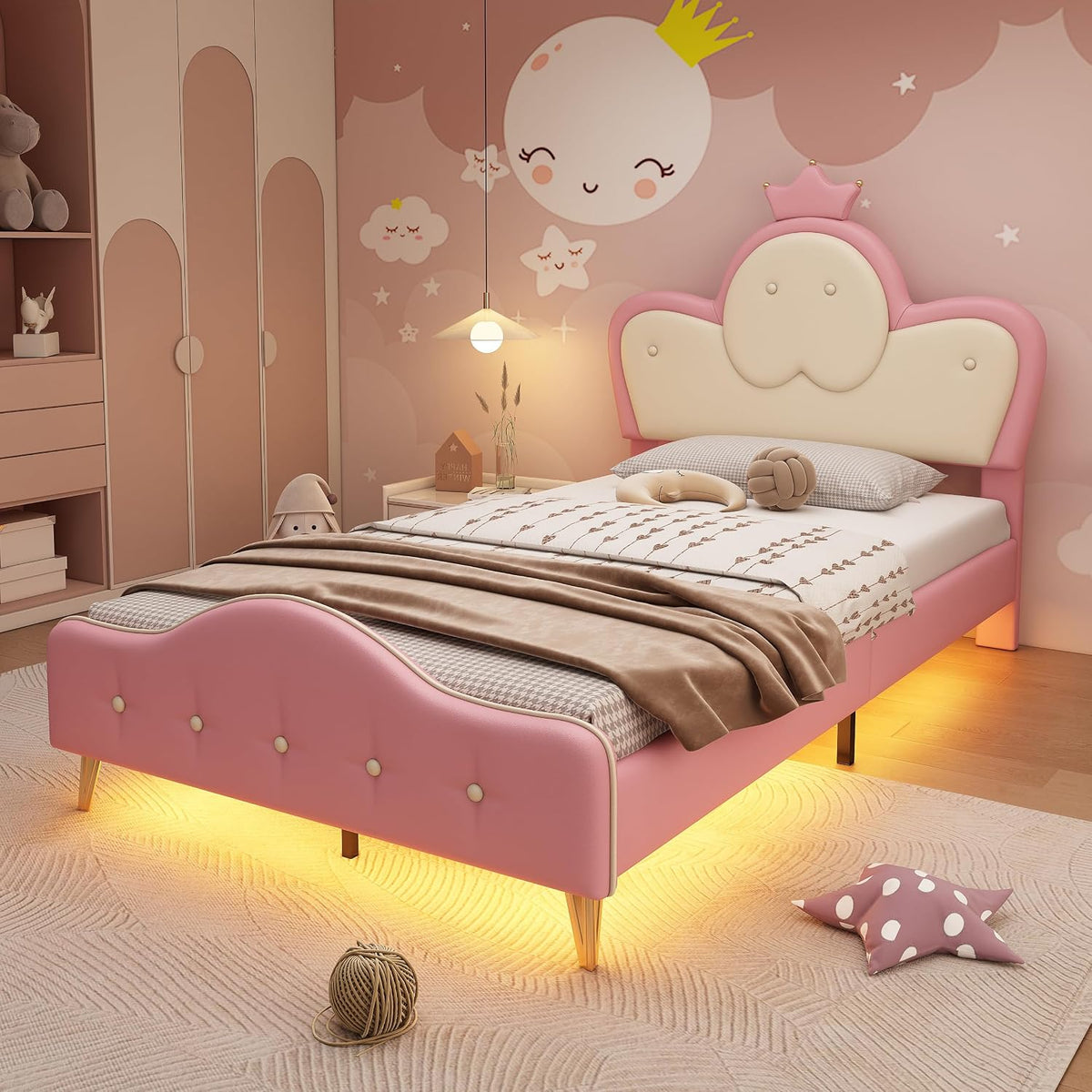ModernLuxe Lit d'enfant rembourré à LED, Twin, 90 x 200 cm, avec bords de protection souples, bandes LED monochromes, tête de lit avec couronne