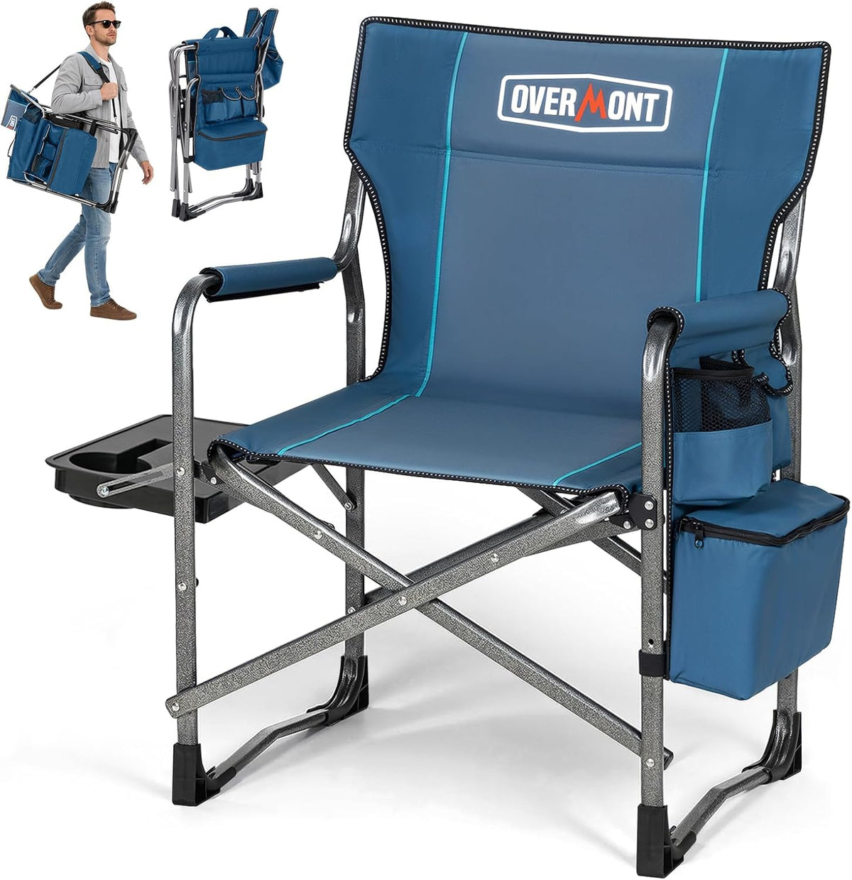 OVERMONT Chaise de Camping Pliable avec Table Latérale et Sac Isotherme - Fauteuil de Régie Pour Camping Pêche Festival - Supporte Jusqu'à 180 Kg