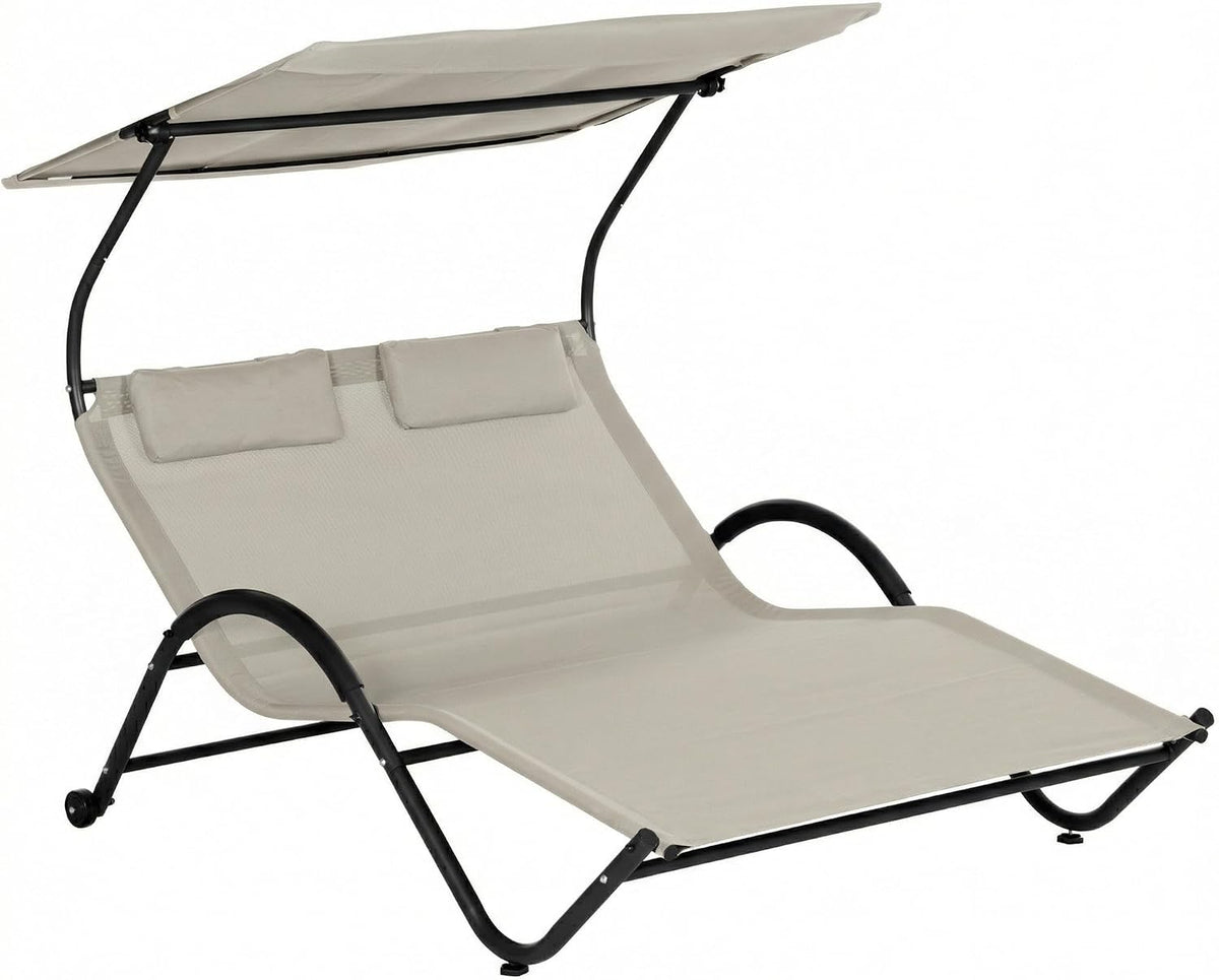 Outsunny Bain de Soleil 2 Places transat avec Toit réglable Appui-têtes et roulettes en Acier et Polyester dim. 200L x 137l x 138H cm crème