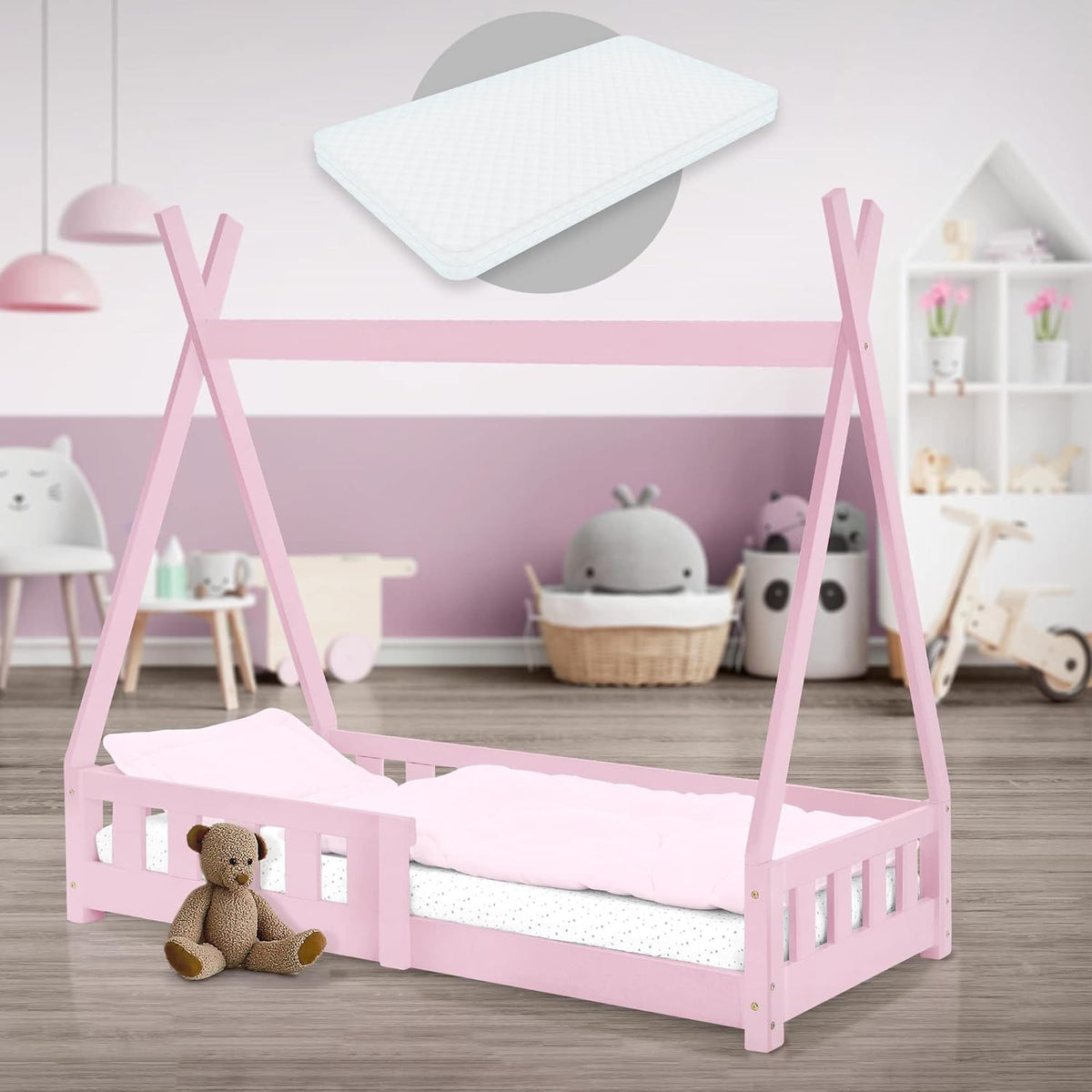 ML-Design Lit Enfant Tipi 70x140 cm Rose avec Matelas à Mousse Froide Polyester, Housse Amovible, Sommier à Lattes, Anti-Chute