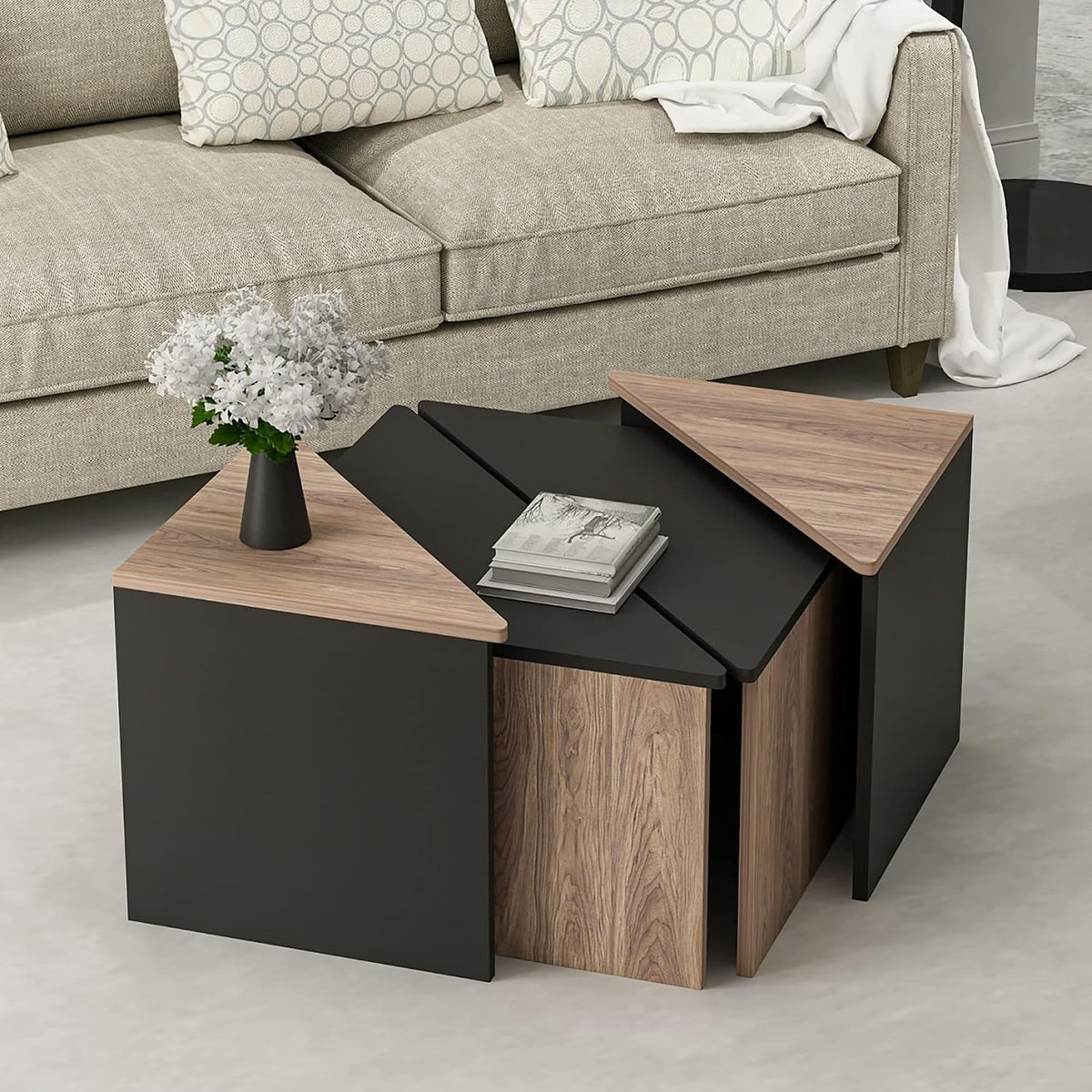 en.casa Set de 4 Tables Basses Carrées Triangulaires Gigognes Tables d'Appoint de Tailles Différentes pour Salon Chambre Panneau de Particules Effet