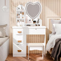 Générique Coiffeuse avec Miroir LED en Forme de Cœur et Tabouret, Coiffeuse Blanche en Bois avec 4 Tiroirs et Étagères de Rangement